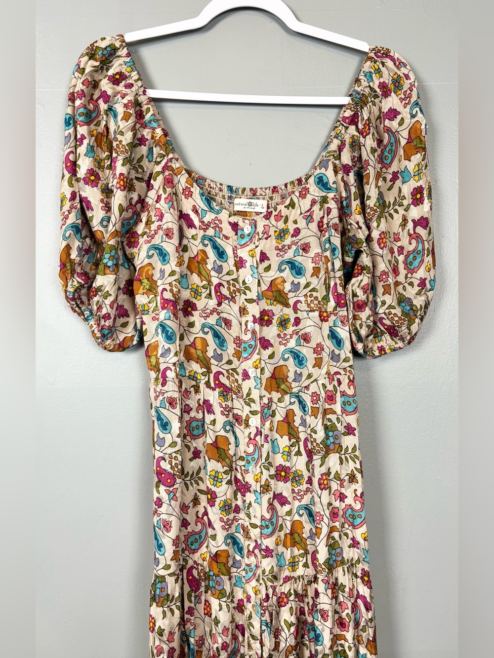 Natural Life Floral Satiny Flowy Stretchy Smocked Tiered Button Down Maxi Dress - Picture 5 of 12